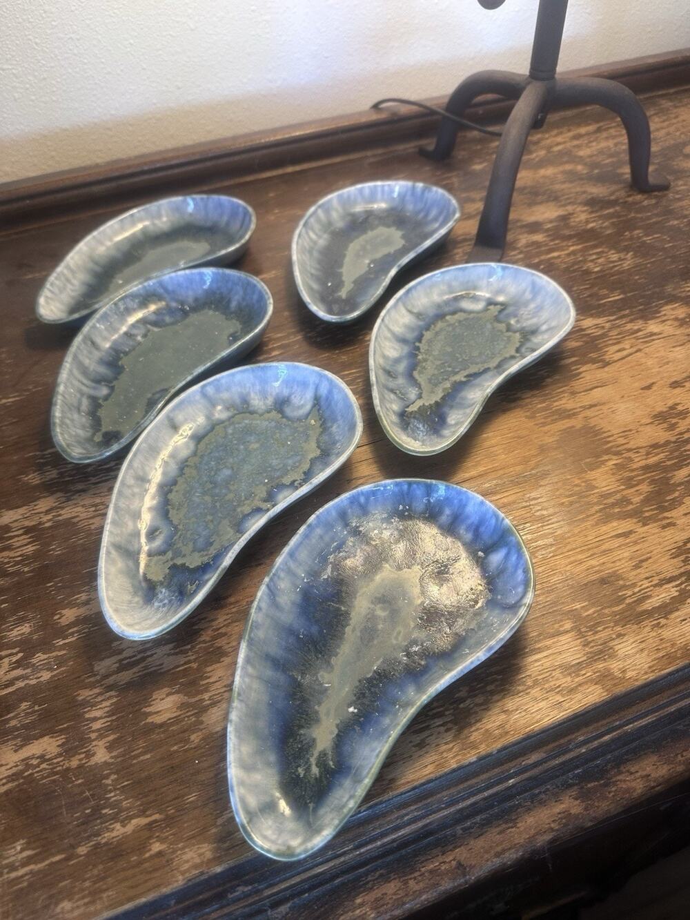 Vintage Studio Pottery 6 Smallblue Melted Dishes Hand Made